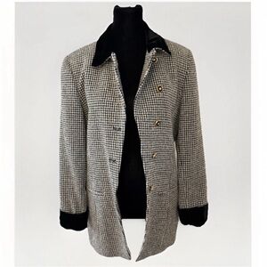 VTG Houndstooth Wool Blend Coat Jacket Sz 6 Black Velvet Collar Cuffs Preppy 90s